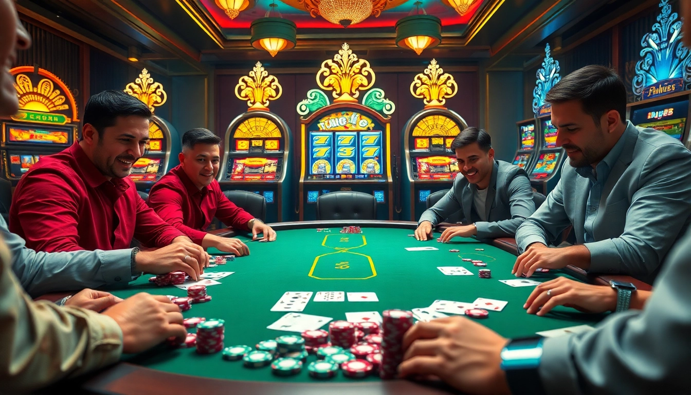 Players engaged in an exciting poker game at DU88, showcasing high-stakes action and vibrant casino atmosphere.