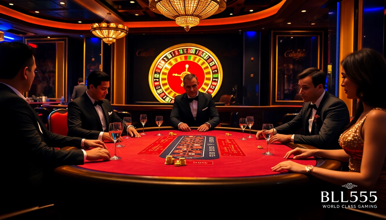 Exciting casino scene at BL555 featuring a blackjack table and roulette wheel, capturing thrilling gambling moments.