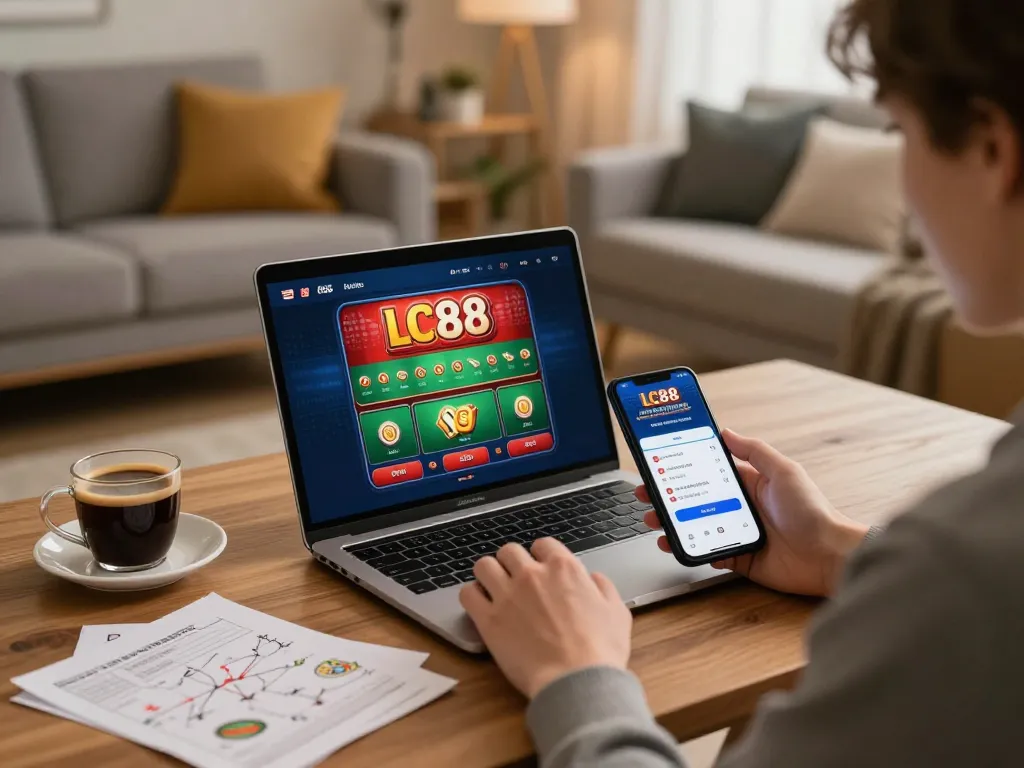 Engaging online gaming atmosphere with LC88 app in use, promoting responsible gambling