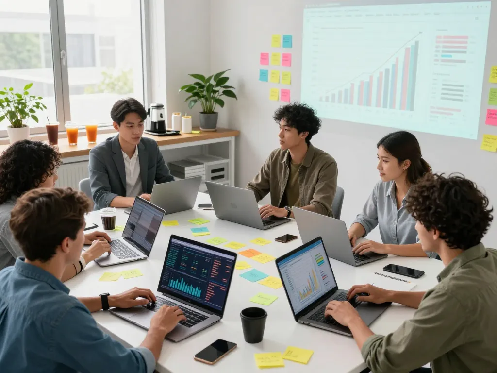 Team collaboration on Go 99 digital marketing strategy in a modern workspace.