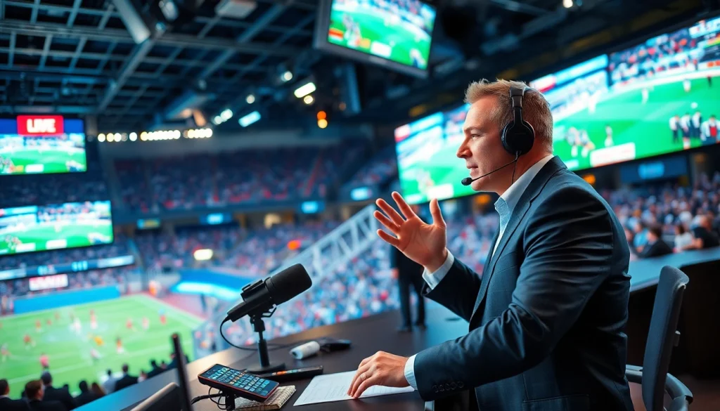 Engaging sports broadcasting scene with a host presenting live sports analysis in a vibrant studio setting.