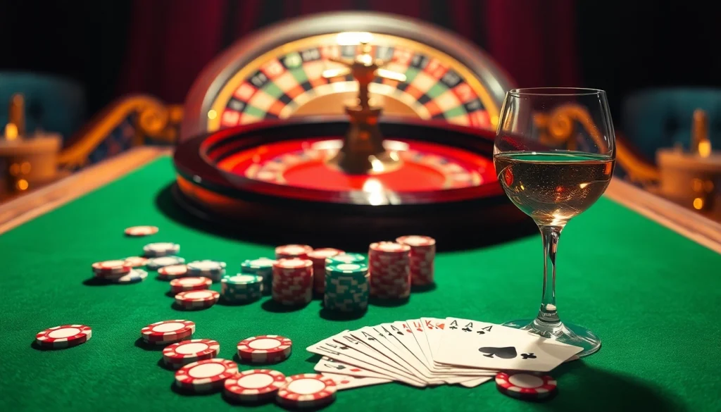 Action-packed gaming scene at nhà cái go8 featuring poker chips, cards, and a roulette wheel.