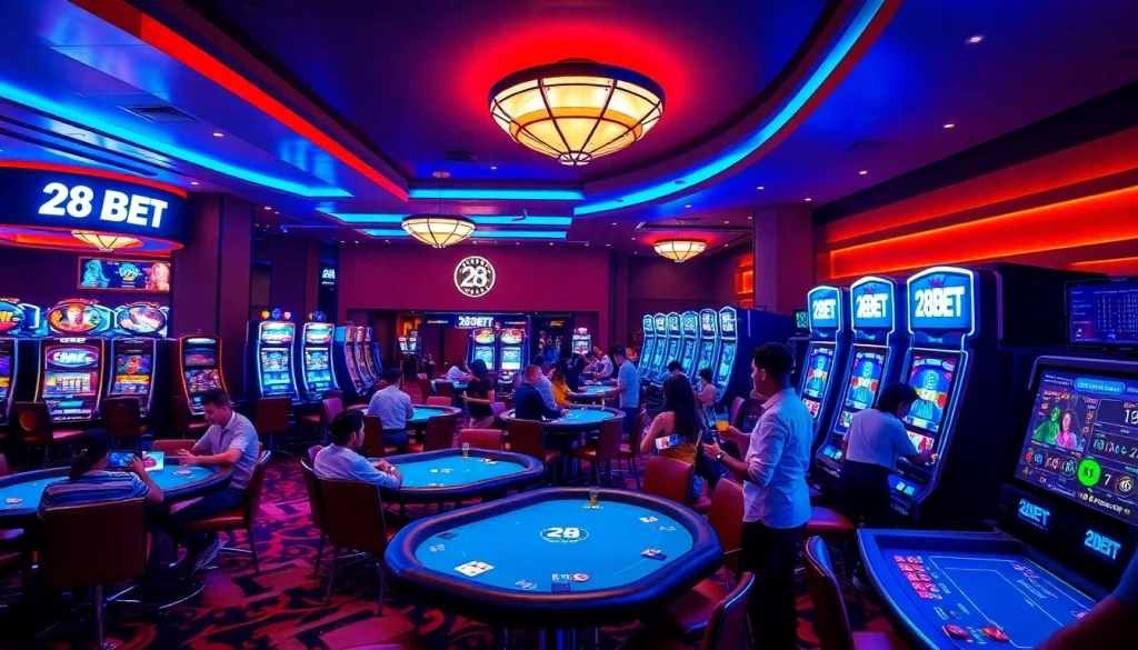 Exciting casino gaming scene featuring the 28BET brand with players enjoying card games and slot machines.