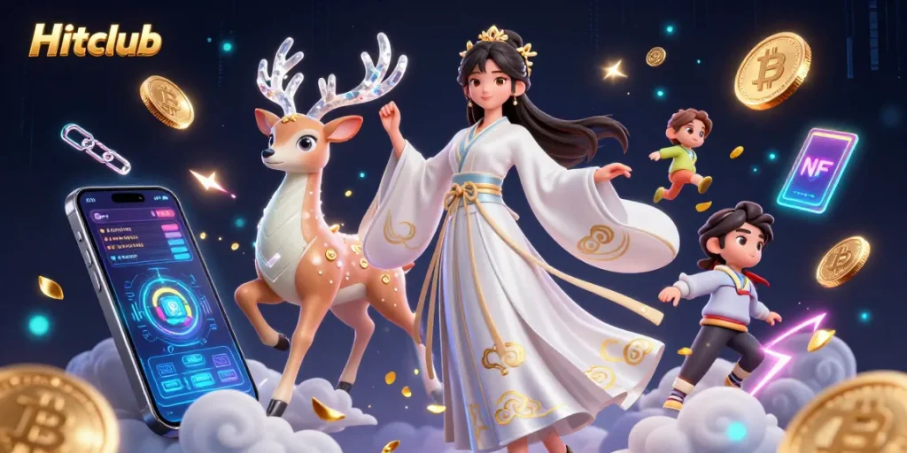Hitclub immersive gaming experience with Asian woman in hanfu and crypto elements, creating excitement.