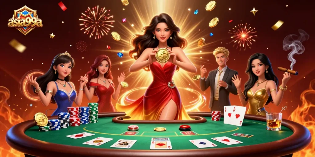 Engage with the asia99a experience, featuring a beautifully dressed Asian woman celebrating with a massive golden coin.