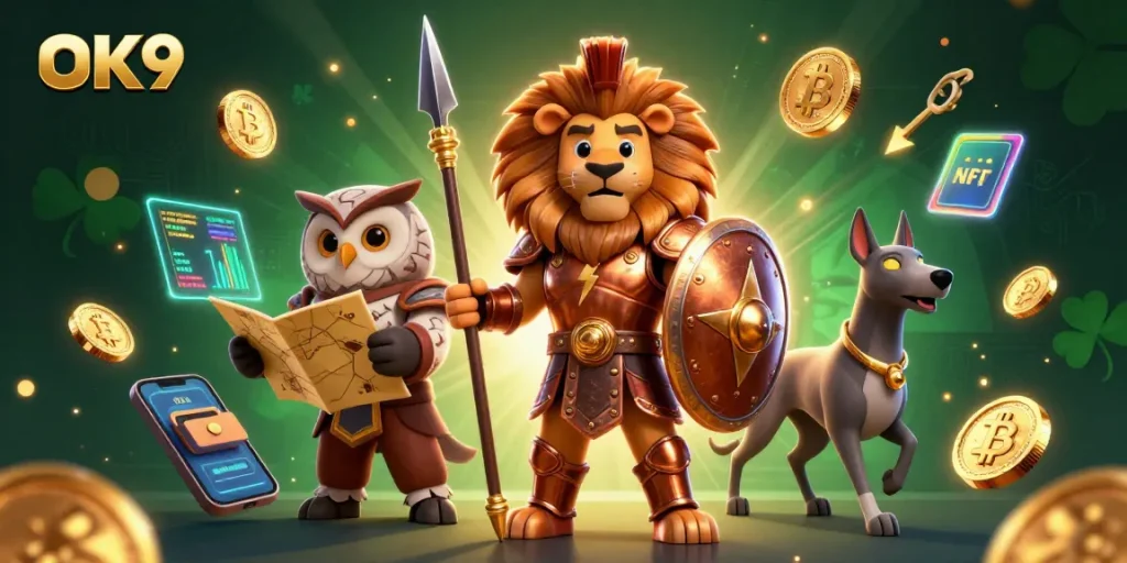 Engage in thrilling bets at OK9 with our captivating 3D casino scene featuring lion warriors and crypto treasures.