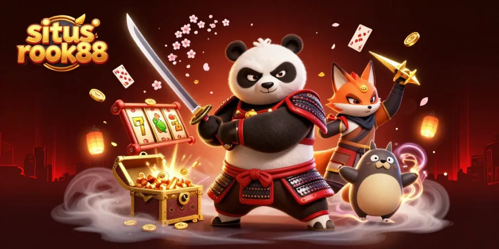 Engage in thrilling gameplay at situs rokok88 with a vivid illustration of dynamic characters and casino elements.