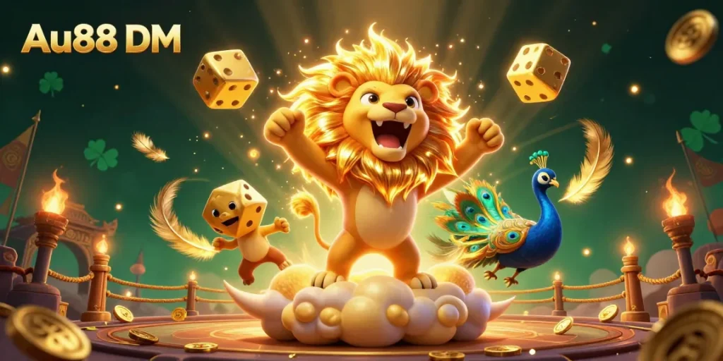 Win big with Au88 DM as the sun lion roars amidst golden dice and casino elements.