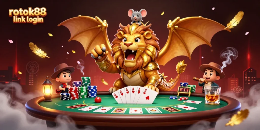 Experience the excitement of poker with rokok88 link login, showcasing a vibrant casino scene.