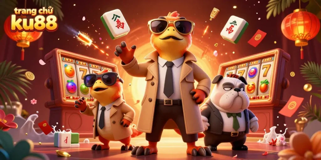 Experience winning at trang chủ ku88 with animated raptors entering a casino filled with colorful slot machines and festive decor.