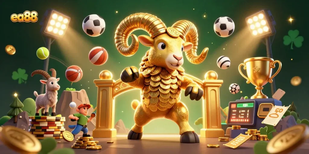 Engage with thrilling sports betting at ea88, featuring golden ram and dynamic sports elements.