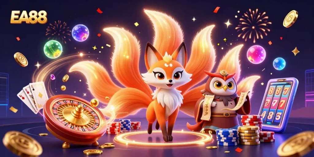 Experience EA88's vibrant casino world with a colorful nine-tailed fox and glowing roulette elements.