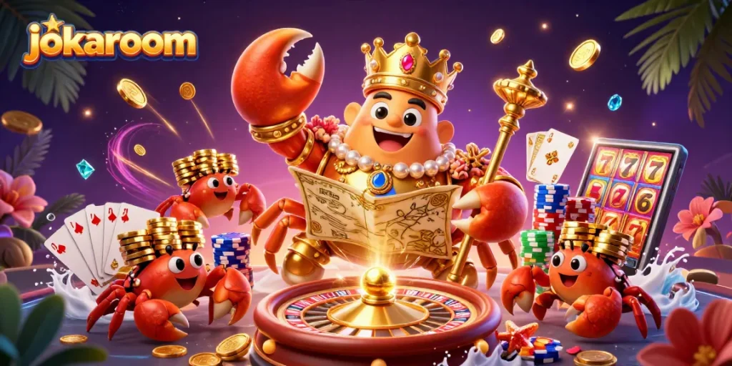 Spin to win at jokaroom with vibrant casino treasures and a golden crab emperor.