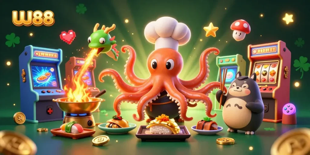 Engage with UU88's exciting slot games featuring a chef octopus and fiery dragon.