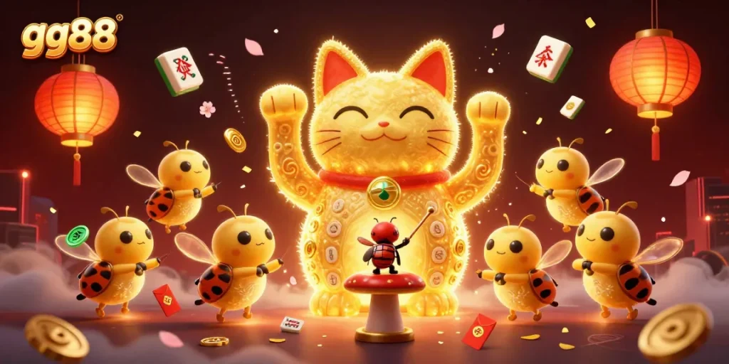 Experience thrilling gameplay at gg88 with vibrant casino symbols, lucky cat, and festive decorations.