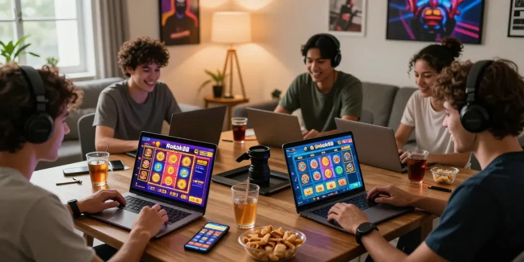 Group enjoying Rokok88 online gaming on laptops and smartphones in a cozy living room.