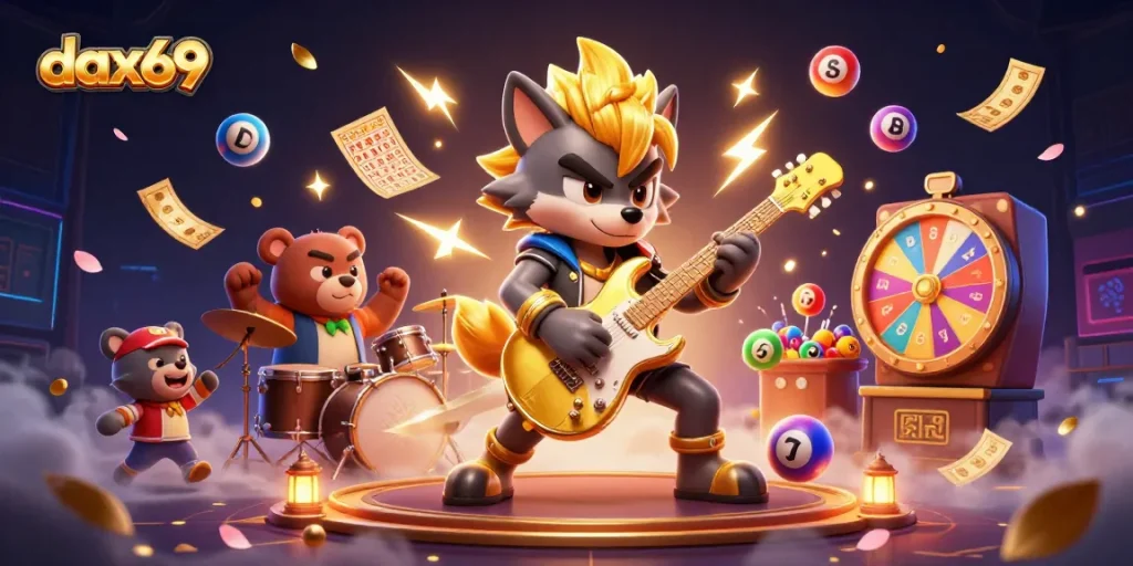 Dax69 dengan wolfs rockstar 3D di panggung kasino, bola lotere dan efek kemenangan fantastik.