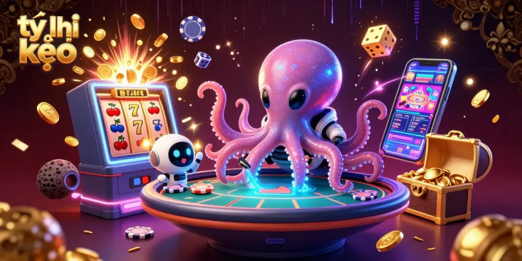 Experience thrilling tỷ lệ kèo excitement with a cartoon alien octopus at a holographic poker table.