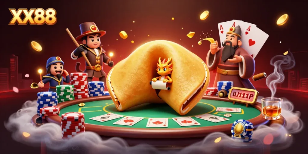 Experience the thrilling world of XX88 with a dynamic casino scene packed with action and vibrant characters.