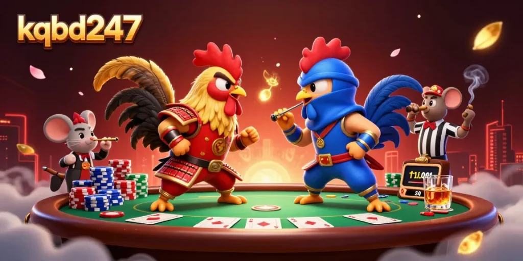 Engage with kqbd247 as twin fighting roosters face off at a vibrant poker showdown.